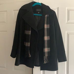 Black trench coat with black tan scarf